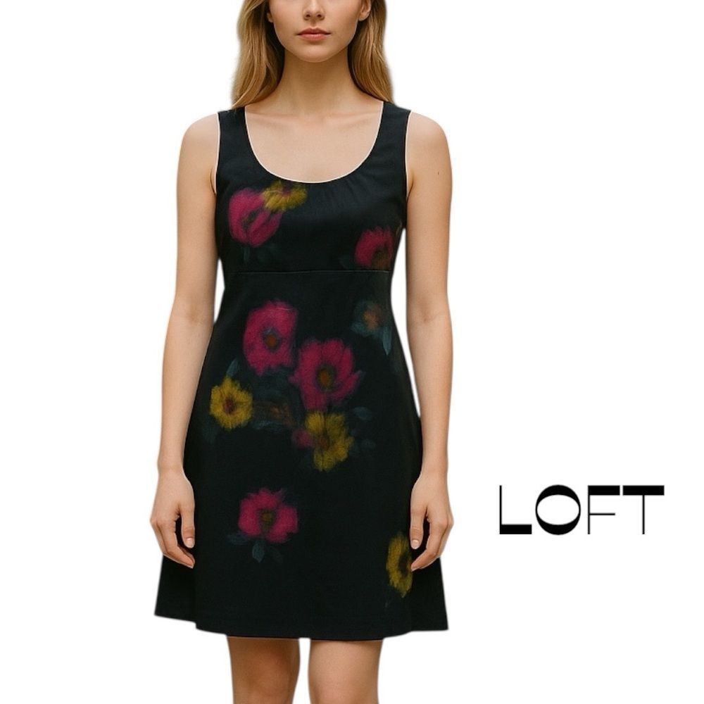 LOFT Black Watercolor Print Floral Dress Size 4 CottageCore Casual